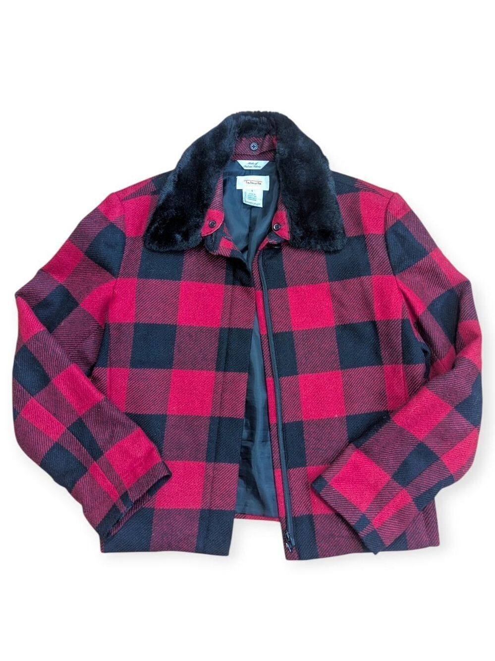 Talbots Wool Buffalo Plaid Jacket Faux Fur Collar Size 4
